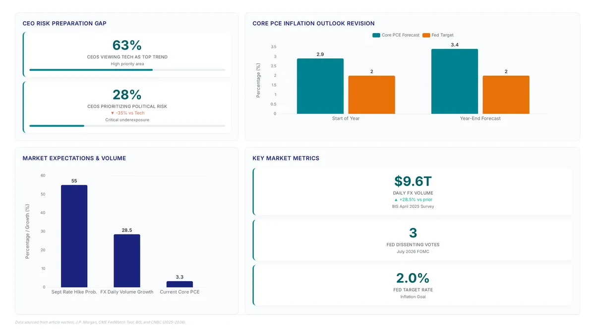 Dashboard showing a 35% gap between CEO tech focus and political risk prioritization, Core PCE forecasts rising from 2.9% to 3.4% against a 2% target, and a 55% probability of a September rate hike amidst $9.6 trillion daily FX volume.