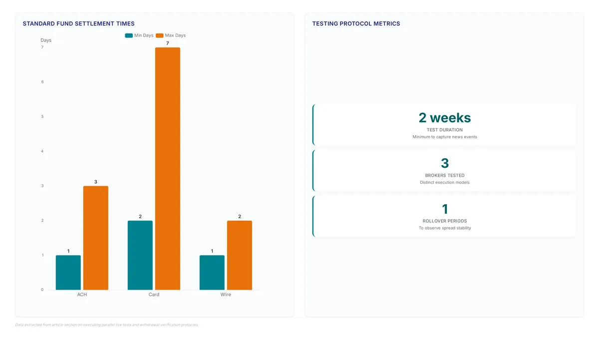 Bar chart comparing settlement windows for ACH (1-3 days), Card (2-7 days), and Wire (1-2 days) transfers, alongside key testing metrics including a 2-week duration and 3 broker requirement.