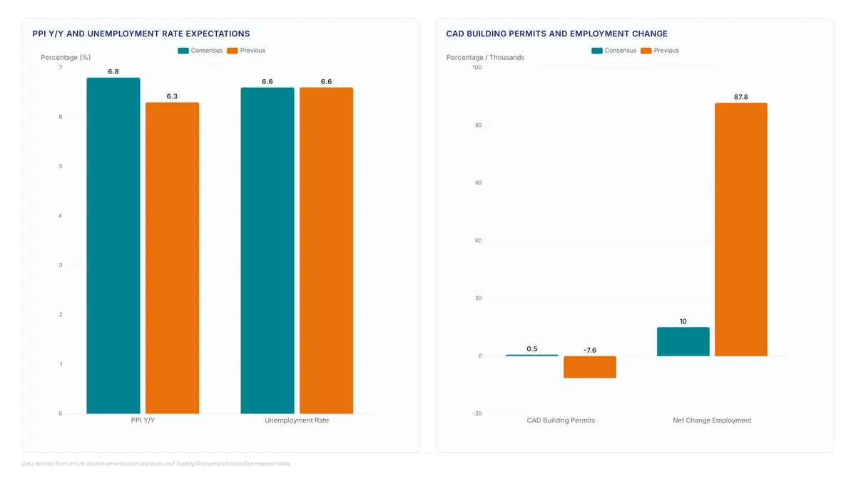 Comparison charts showing consensus versus previous readings for PPI, unemployment, building permits, and employment changes, alongside global data scale metrics.